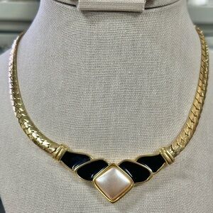 Vintage Signed Napier Gold Tone Chain And Black Enamel Statement Necklace